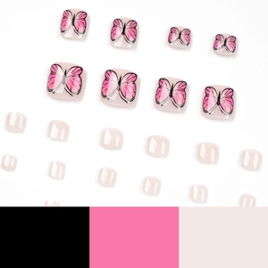 Pink gradient butterfly press-on toenails set with elegant hand-painted black outlines