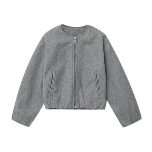 Women's autumn casual grey zip-up jacket with crew neck and stylish metallic pockets