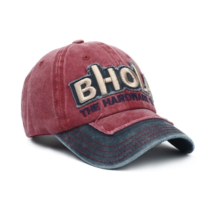 Vintage red baseball cap with BHOL 3D embroidery and distressed denim brim style