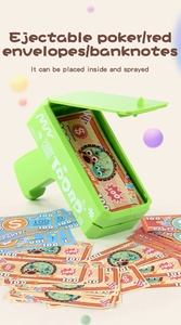Green electric money gun showing ejectable toy banknotes and red envelopes for parties