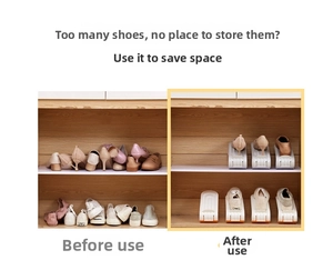 Before and after comparison of double layer adjustable shoe rack saving storage space