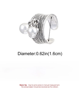 Detail view showing vintage alloy ring specifications with pearls and 1.6cm diameter size