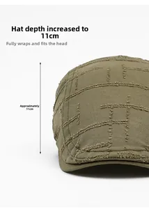 Detail of vintage olive green beret with 11cm depth and distressed canvas texture