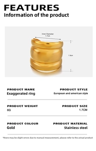 Detail view of 18K gold plated stainless steel chunky wave ring with size measurements
