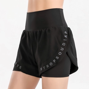 Women's high-waisted black 2-in-1 sports shorts for yoga with quick-dry inner layer
