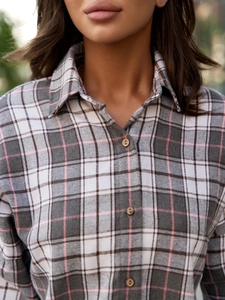 Relaxed fit plaid long sleeve shirt with vintage wood buttons in grey and pink tones