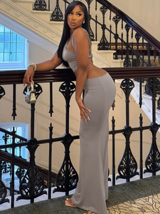 Slim fit two-piece gray set with halter crop top and high waist bodycon maxi skirt