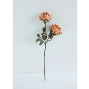 Artificial 2-head vintage burnt edge rose spray with realistic silk petals on white background