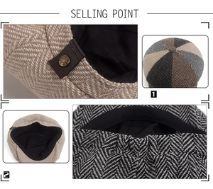 Detail of herringbone wool fabric, vintage button, and elastic back on newsboy cap