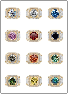 Collage of 12 luxury hip hop rings with colorful stones and pavé set diamonds
