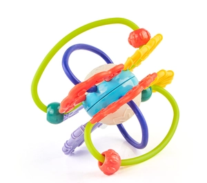 Detailed view of colorful flexible Manhattan ball baby teether with textured sensory rings