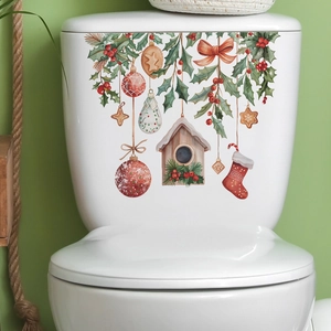 Christmas Wall Sticker PVC Waterproof Watercolor Holly Berries Birdhouse Removable Decal For Home Toilet Tank Decoration