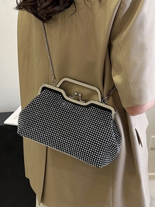 Sparkling rhinestone shell bag with metal top handle and chain strap for women
