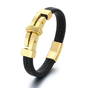 Men's braided black leather bracelet with gold stainless steel cross clasp, isolated view