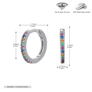 Detailed dimensions of 925 sterling silver rainbow zircon hoop earrings in functional view