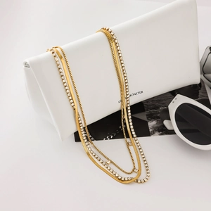 Collier multicouche en acier titane doré avec chaîne serpent zircon et chaîne à maillons