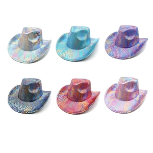 Western Cowboy Hat Metallic Snake Skin Pattern Laser Colorful Wide Brim Party Fedora Performance Adults Polyester