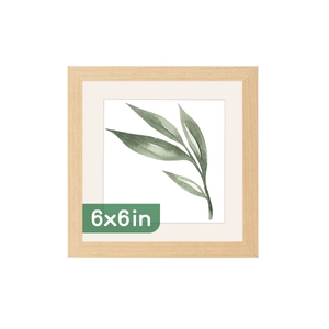 Detail of 6x6 inch light wood square frame with watercolor green leaves art print