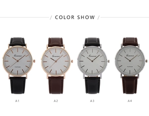 Detailed color show of four minimalist quartz watches with leather straps and metal cases