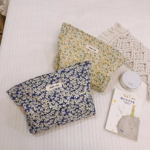 Floral Print Cosmetic Bag Cotton Canvas Large Capacity Travel Makeup Organizer Pouch Zipper Handheld Clutch Fresh Style