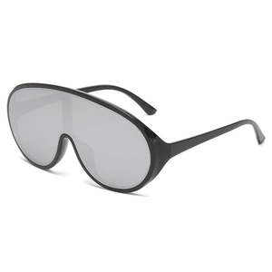 Futuristic oversized Y2K shield sunglasses with black plastic frame and grey mirrored lenses