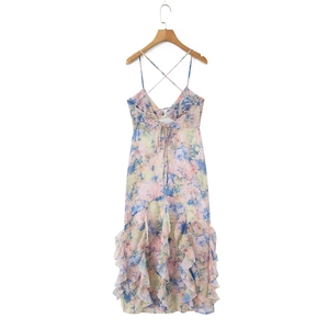 Floral print maxi dress with spaghetti straps and ruffled hem in oil painting style
