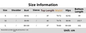 Tabella taglie dettagliata in cm per set moda donna con top corto e pantaloni lunghi