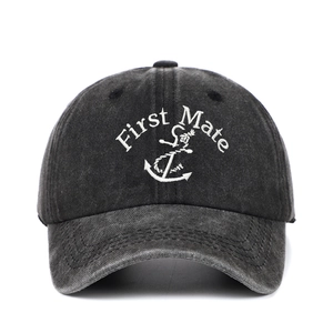 Detailed embroidery of First Mate and anchor on a washed grey denim baseball cap