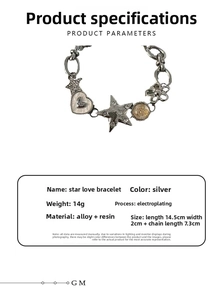 Detail view of silver star and heart pendant bracelet with dimension specs and resin beads