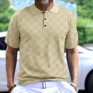 Detail of men's polo shirt featuring champagne waffle texture and three-button placket