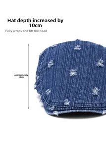 Detail view of washed denim newsboy cap with 10cm depth and vintage pinstripe design