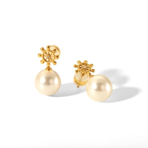 18K gold plated ship wheel earrings with large pearl drop and sparkling rhinestone