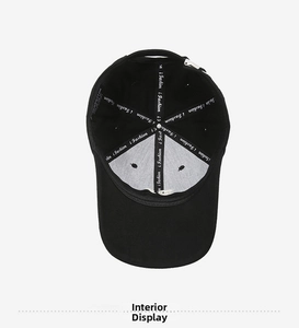 Detail view of the black baseball cap interior with i Fashion reinforced tape lining