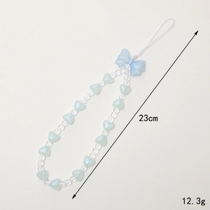 Light blue beaded heart phone lanyard with translucent bow, length 23cm and weight 12.3g