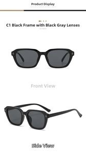 Detail view of square black frame sunglasses with dark grey lenses and sturdy hinges