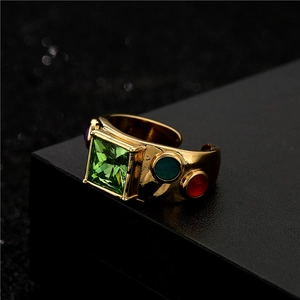 Retro Bohemian 18K gold plated ring with large green zircon and multi-color gems