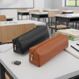 Minimalist leather makeup brush pouches in black and brown with sleek metal zippers