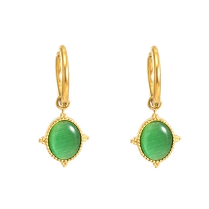 18K gold plated stainless steel hoop earrings with green cat eye stone pendants