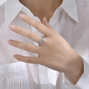Elegant silver V-shaped double-layer titanium steel ring with micro-set zircon for women