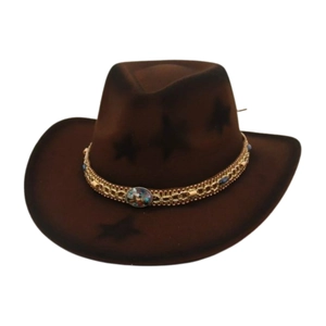 Western Cowboy Hat Wool Felt Star Print Metal Chain Faux Gem Ethnic Style Vintage Jazz Fedora For Men Women