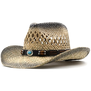Chapeau de cowboy en paille pour homme, bord large, dégradé et bande décorative turquoise