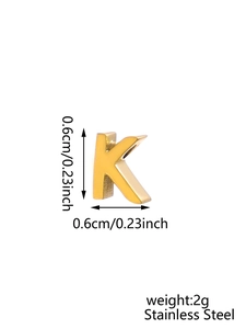 Macro shot of 0.6cm stainless steel letter K charm with zircon inlay and dimensions