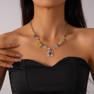 Collier À Pendentif Fleur Avec Perles En Verre Irrégulières Et Charme Note De Musique Alliage Couleur Argent Pour Femmes