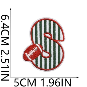 Detail view of letter S rugby embroidery patch showing dimensions 6.4cm by 5cm