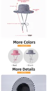 Detail view of plaid sun hat size specs showing 7cm brim and adjustable wind rope