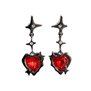 Gothic silver needle heart earrings with red zircon and cross star on white background