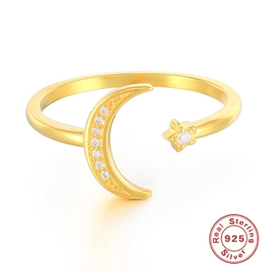 Minimalist S925 sterling silver gold moon and star open ring with white zircon stones