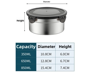 Size chart for stainless steel food containers with 350ml 650ml and 850ml capacities