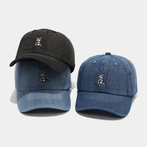 Washed Denim Baseball Cap Cotton Cartoon Dog Embroidery Curved Brim Sun Hat Men Women Casual Retro Adjustable Outdoor