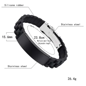 Bracelet de sport réglable pour homme en silicone noir et acier inoxydable texturé